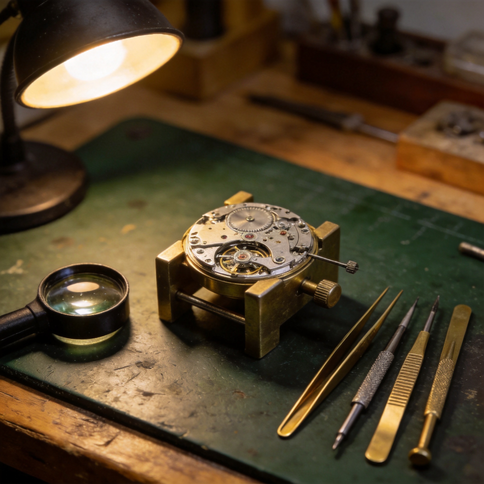 An Aurelis watchmaker assembling a movement by hand under a loupe