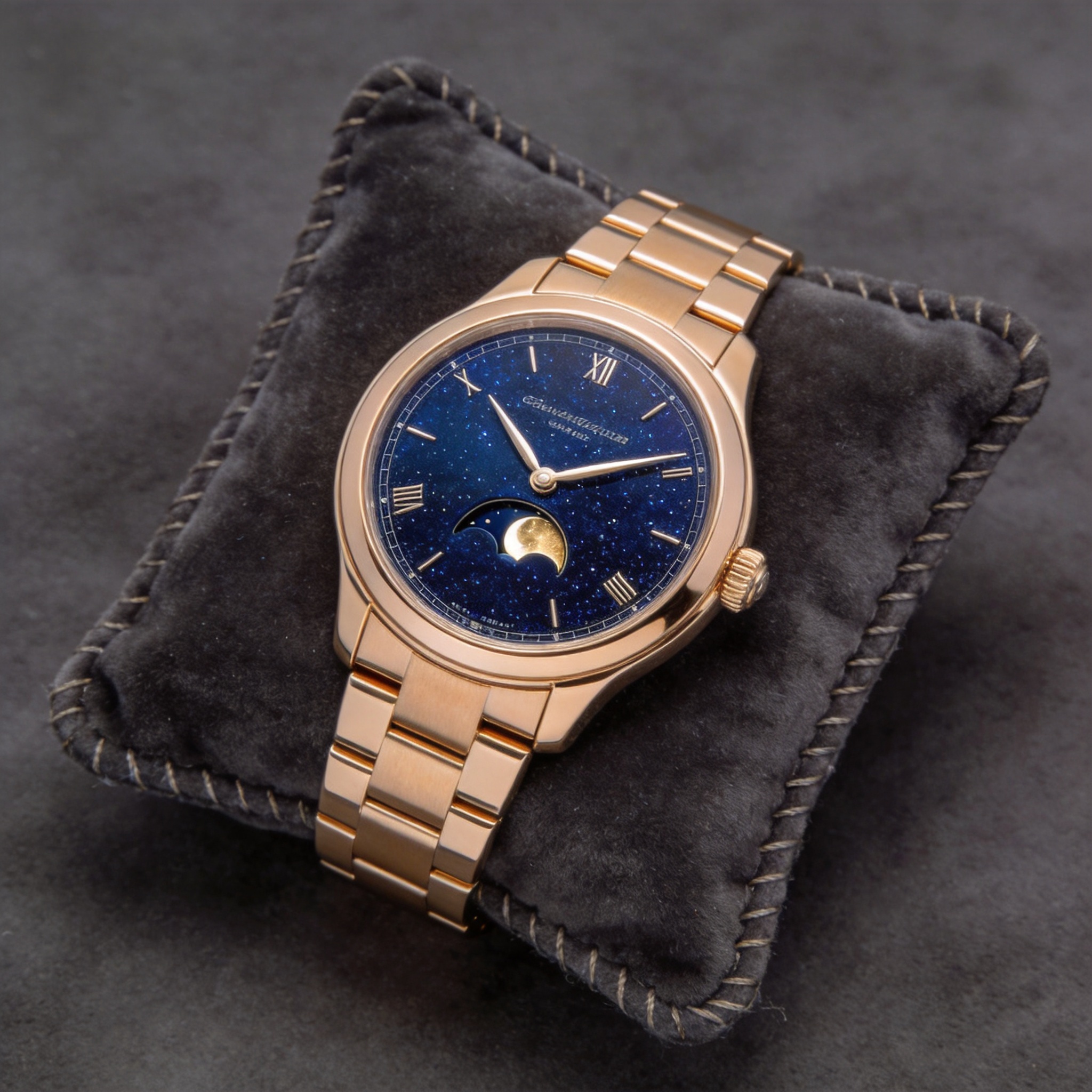 The Céleste Moonphase on a velvet pedestal, lit by a single warm spotlight